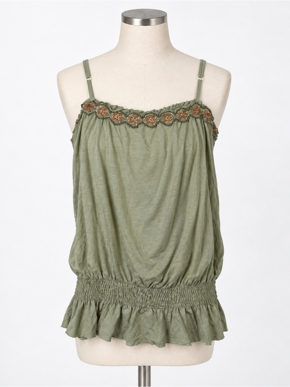 Caslon Y2K Fairycore Embroidered Cami Smocked Tank Top Size M Green Boho Peasant